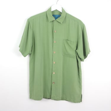 minimal bright green SILK 90s y2k BOWLING shirt soft short button up shirt - men's size small 