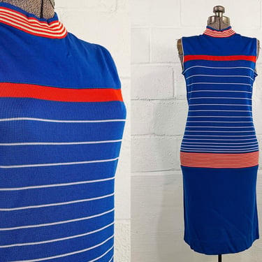 Vintage Striped Blue Knit Dress Stripe White Red Nautical Sleeveless 1970s 70s Mod Bodycon Mockneck Union Made 1960s 60s Small 