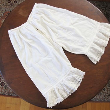 Victorian Cotton Pantalette Bloomer Pants 34 Waist Large - Antique White Cotton Ruffle Eyelet Lace Undergarments - Historical Romantic 