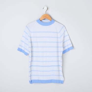 1960s Light Blue Striped Knit T-Shirt - Vintage 60s Athletic Ban-Lon Shirt - Men's XL 