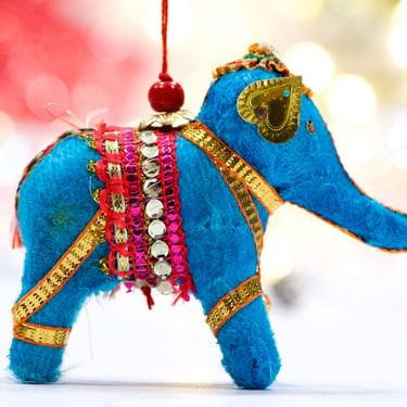 VINTAGE: India Folk Art Fabric Elephant Ornament - Aqua Blue Elephant - Colorful Dangle - Handmade - Good Luck - SKU 