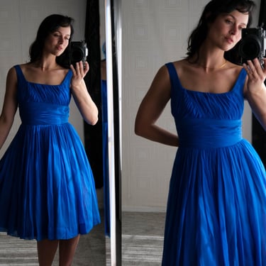Vintage 50s Cerulean Blue Silk Chiffon Rouged Waist Cocktail Dress | 100% Silk Chiffon | 1950s Designer Party, Prom, Pinup, Evening Dress 