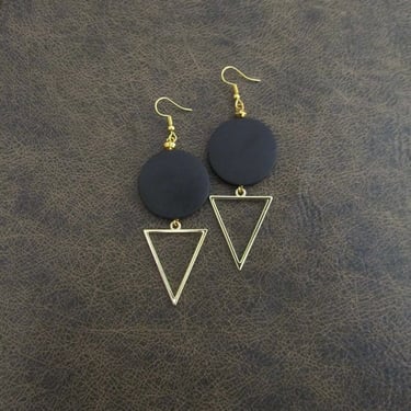 Large earrings, Geometric earrings, black earrings, bold statement earrings, chunky earrings, unique, gold triangle earrings 