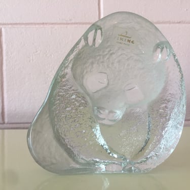Vintage Viking Glass Panda Bear Paperweight Clear Frosted Art Glass 