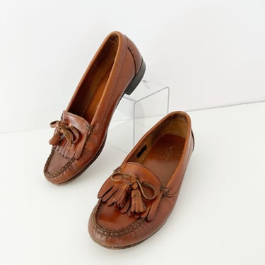 SIZE 6.5 Ralph Lauren Fringe Tassel Loafers - Vintage 1980s Leather Flats Loafers Dark Brown Burnt Caramel  Dark Academia Librarian Chic 