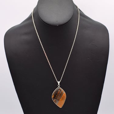 70's tigers eye with hematite sterling pendant, big tiger eye 925 silver leaf necklace 