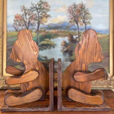 Free shipping within continental US - 1970s Style Hand-Carved Wooden Bear Bookends - Rustic Folk Art Cabin Decor 