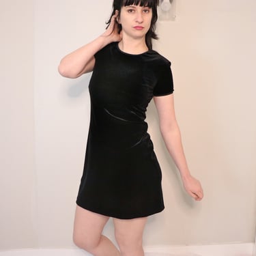 Vintage My Michelle Mini Dress/ 1990's Little Black Dress/ Sporty Spandex Crushed Velvet Dress/ 90s Flirty Tshirt Dress/ Size Small 