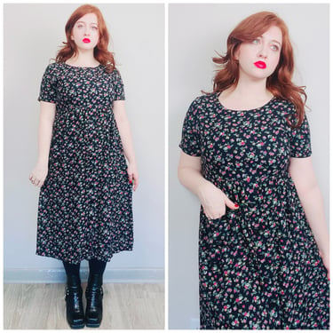 1990s Vintage Black Rayon Floral Dress / 90s / Nineties Grunge Flower Print Smock Dress / Size Medium 