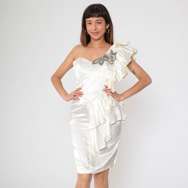 Satin Prom Dress 80s White Beaded Party Sweetheart Neckline One Shoulder Asymmetrical Ruffle Cascade Formal Vintage Tight Cocktail Small S 
