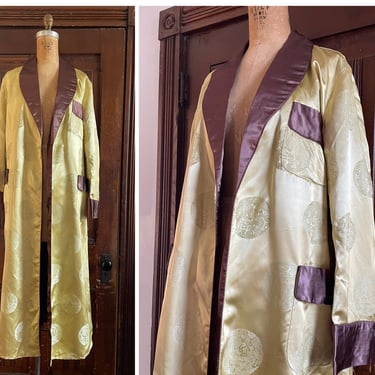 Vintage 1960’s Chinese satin robe, men’s smoking jacket | no belt, golden yellow with brown, new old stock with tag, tagged 40 