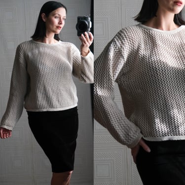 Vintage 90s CHAVAL Beige Macrame Knit Cropped Drop Shoulder Crewneck Sweater | Made in USA | 100% Cotton | 1990s Designer Sheer Knit Sweater 