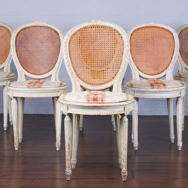 Antique French Louis XVI Style Painted Cane Dining Chairs - Set of 6 