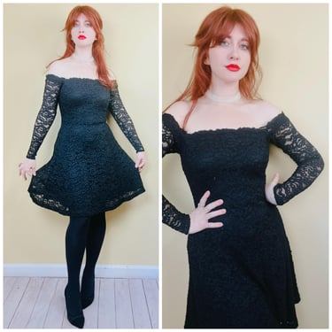 1990s Vintage Laundry By Shelli Segal Lace Dress  / 90s Off Shoulder Spandex Fit and Flare Dress Small - Medium 