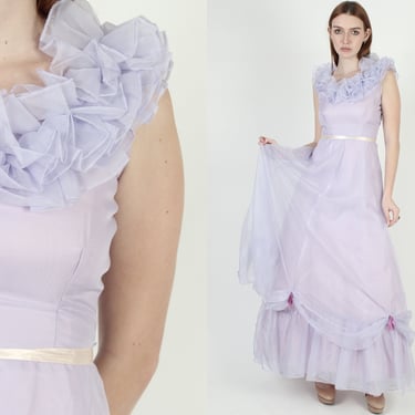 19th Century Style Maxi Dress / Vintage 70s Western Saloon Dress / Lilac Historical Period Chiffon Gown 