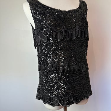 VTG 60’s beaded knit tunic~ 1960’s black wool glass beads~ 1920’s style size Large 