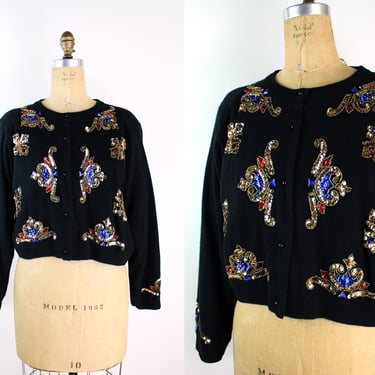 80s Lambswool Beaded Black Cardigan / 80s Cropped Sequined cardigan/ Size M/L 