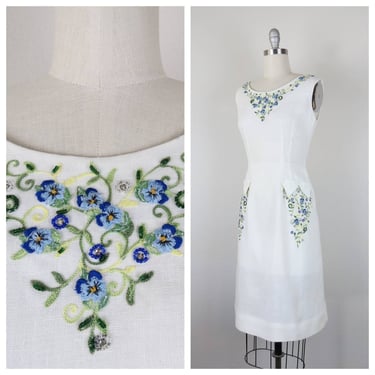 Vintage 1960s floral embroidered dress, linen, cotton, wiggle, rhinestones, bead 