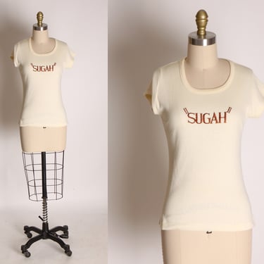 1970s Cream and Brown Phrase Sugar Sugah T Shirt by T-Jons -M 