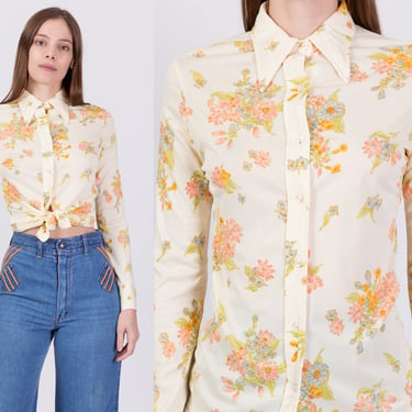 70s Boho Floral Button Up Top - Extra Small | Vintage Long Sleeve Pointed Collar Disco Shirt 
