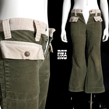 Broken-In Vintage 70s Olive Green Corduroy Bell Bottom Pants 