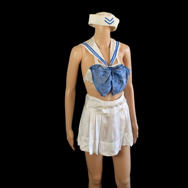 1930s Stage Outfit / 20s 30s Nautical Satin Middy Bra Top and Mini Pleated Skirt Showgirl Set 