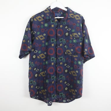 vintage SEINFELD silk color block 90s MEN'S fresh prince button down short sleeve shirt -- size large 