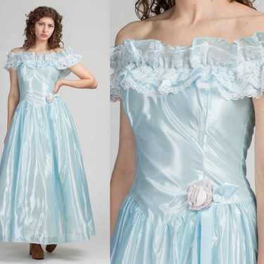 Sm-Med Vintage Jessica McClintock Bridal Blue Princess Gown | 80s Satin Lace Trim Formal Maxi Dress 