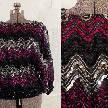 Vintage Dolman Sleeve Top Rob Hill Mister Jay Black Silver Pink Sequins Oversized Evening New Year's Blouse Disco 1970s 1980s Large Medium 