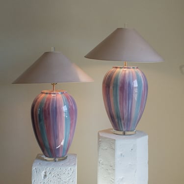 Vintage 80s pink, purple and green striped ceramic and lucite lamps D401 