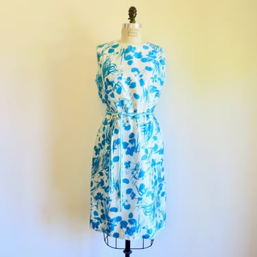 1960's Aqua Turquoise Blue and White Silk Floral Print Sheath Day Dress Sleeveless 60's Spring Summer Dresses Miss Rubette 30" Waist Medium 