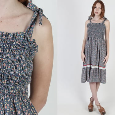 Navy Calico Flower Print Dress, Elastic Stretchy Smocked Bodice, Spaghetti Strap Shoulder Ties, Summer Festival Sun Mini Dress 
