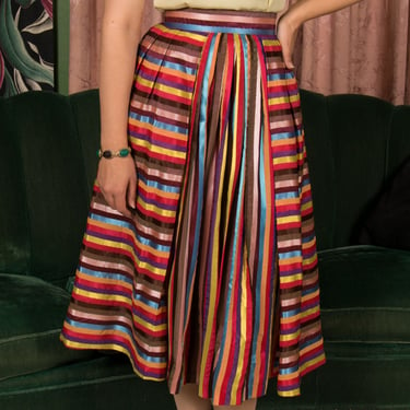 1950s Skirt - Vintage 50s Lush Rainbow Striped Pleated Skirt with Wide Waistband 