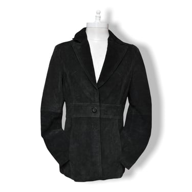 Y2K Black Suede Jacket Classic One Button Lightweight Leather Blazer 