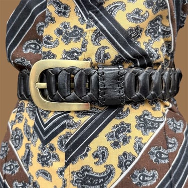 Vintage Mexican Artisan Belt Black Leather Wide Brass Sculptural Buckle Boho MCM Vintage Artisan Belts – 1970s–1980s Leather, Textile  main image 4