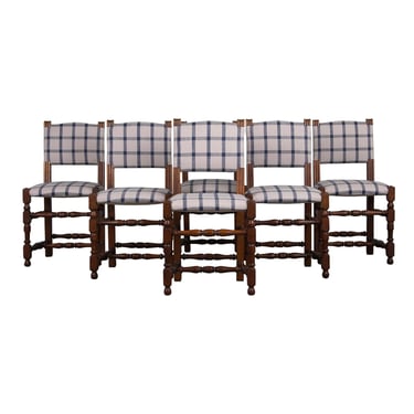 Antique French Louis XIII Style Oak Dining Chairs W/ Plaid Fabric - Set of 6 