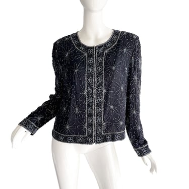 80s Vintage Sequin Silk Jacket / Beaded Daisy Bolero Jacket / 1980s Midnight Party Disco Evening Jacket XL 