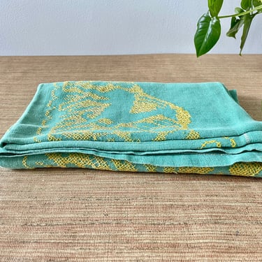 Vintage Linen Cross Stitch Tablecloth - Green with Yellow Stitching - 48" x 62" 