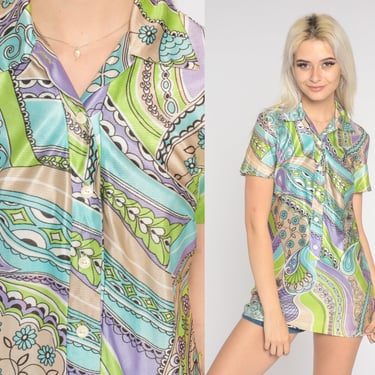 70s Boho Top 60s Psychedelic Floral Shirt Hippie Blouse Paisley Print Tunic Top Bohemian 1970s Short Sleeve Button Up Green Purple Small 