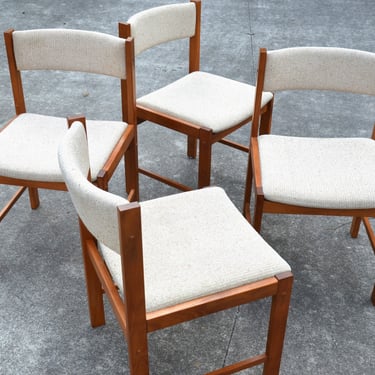 Mid Century Danish Modern Teak Dining Chairs with Oatmeal Tweed Fabric by D-Scan, Set of 4 