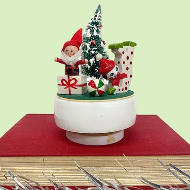 Vintage Christmas Music Box Retro 1960s Mid Century Modern + Jingle Bells Music + Rotating + Bottle Brush Tree + Elf/Clown + MCM Xmas Decor 