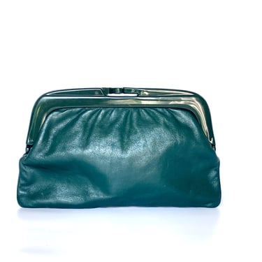 Vintage 70s Forest Green Leather Clutch Bag Green Lucite Frame/Clasp Made in Italy 