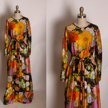 1970s Black, Orange, Blue and Pink Long Sleeve Floral Flower Power Belted Dress -L 