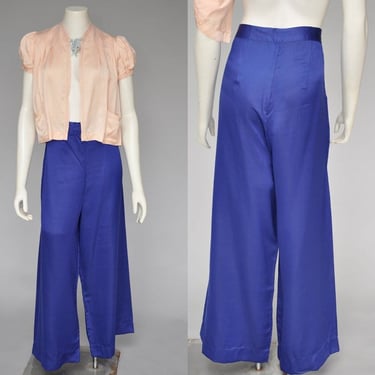 vintage 1930s 40s blue silk wide leg pants M/L 