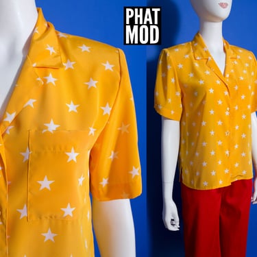 Pop Art Vintage 80s 90s Yellow & White Star Pattern Short Sleeve Button Down Blouse 