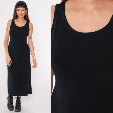 Stretchy Black Dress 90s Midi Dress Sleeveless A-Line Scoop Neck Tank Dress Basic Plain Simple Minimalist Chic Vintage 1990s Small Medium 