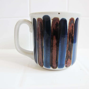 Vintage 70s Striped Ceramic Coffee Mug - Lauffer Japan Blue Indigo Brown Paint Brush Stripe Stoneware Mug - Earthy Minimalist Kitchen Home 