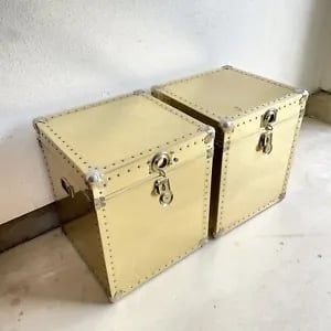 Pair Vintage Hollywood Regency Brass Plated Storage Trunk Chests Side Table Set