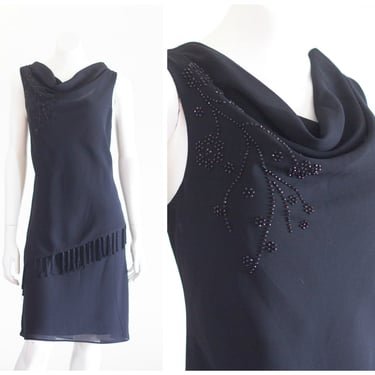 Black sleeveless cowl neck crepe chiffon dress with fringe and beads 