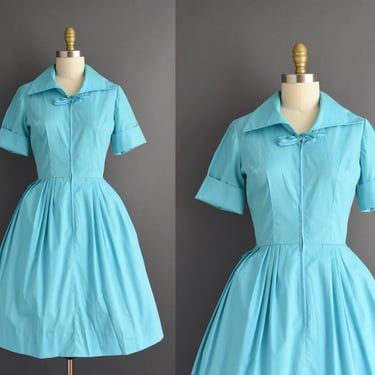 1960s Carol Brent Turquoise Blue Shirtwaist Cotton Day Dress | Small  Medium 